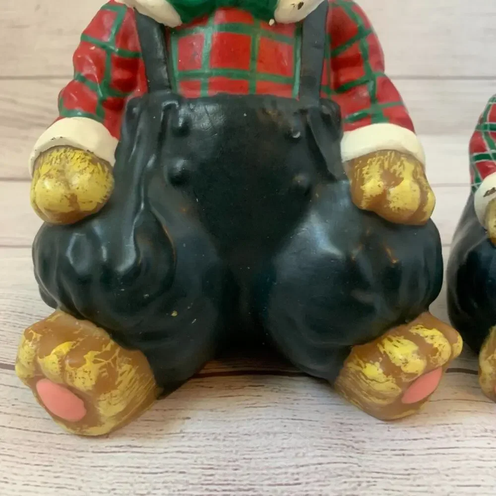 Vintage Teddy Bear Candles Set of 2 Bears with Bow Tie Plaid Shirt Overalls